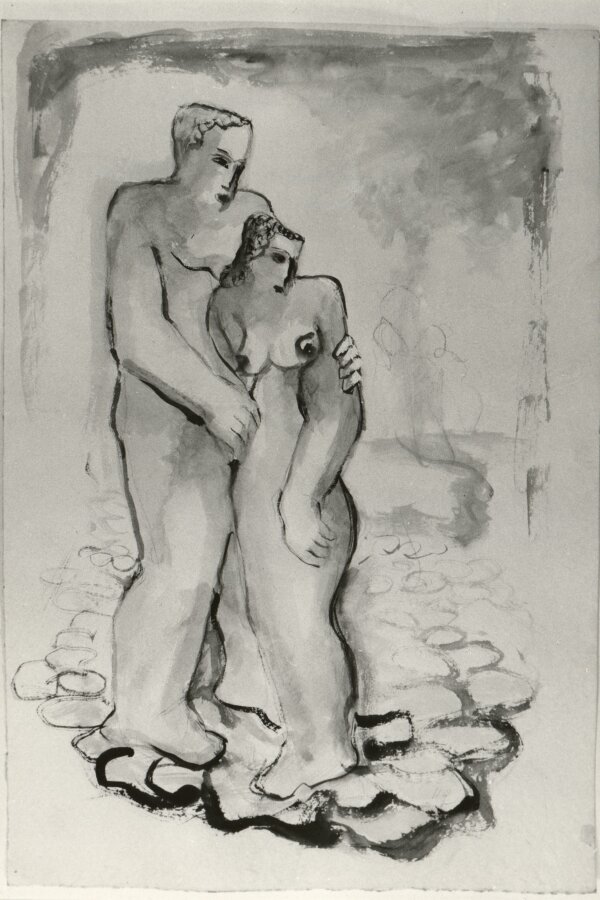 Robert Hliněnský, Dvě postavy, asi 1940 nebo dříve (1938)∗, kresba tužkou, štětcem a kvaší, 43, 5 × 29,5, papír ∗Existuje též varianta vystavená v Novém městě 1980 s tím souvisí těsne (styl profil ženy)